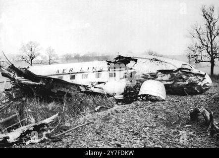 25 Escape in Dakota Crash near Birmingham. The shattered fuselage of the Aer Lingus Dakota airliner, from which the 25 occupants miraculously escaped, in a field after its crash landing at Spernall, near Birmingham.  The plane, on a flight from Dublin to Birmingham, ploughed through two hedges and across a lane. Only two of the occupants - members of the crew - were slightly hurt.  1st January 1953. Stock Photo