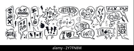 Hand drawn doodle sketch speech bubbles with insults, curses, swearwords and censored symbols. Bad words in talk frames, comic explosion boxes, dialog balloons for angry, negative expressions or hate Stock Vector