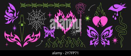 Y2k gothic tattoo sticker set. Neo tribal aesthetic icons, emo hand drawn butterfly, fire flame, burning heart, barbed wire and woman crying eye. Neotribal goth ornaments, cyber sigil design elements Stock Vector