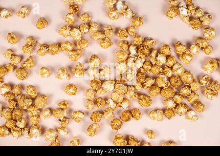 Sweet caramelized popcorn top view close up. Stock Photo