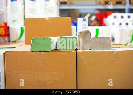 disposable packaging of dry napkins recycled in the supermarket. Secondary raw materials and environmental protection Stock Photo