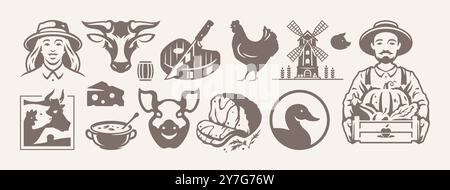 Farm food agriculture production meat and vegetables isolated retro icon set vector flat illustration. Farmers man and woman portrait cattle steak che Stock Vector