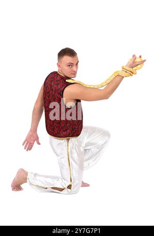 Young Caucasian man with Tiger Albino python Stock Photo
