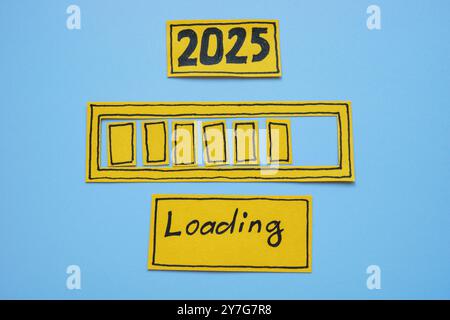 A progress bar with the word loading and the year 2025. Stock Photo