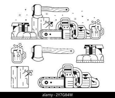 Forestry and Woodcutting Icons in Line Art Stock Vector