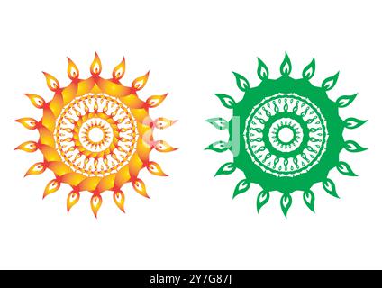 Fiery Solar Blaze and Verdant Flora Whorl: A Study in Contrasting Motifs For Greeting Cards, Posters, And Backgrounds Stock Vector
