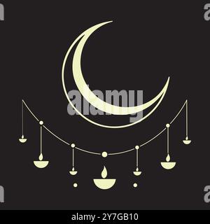Serene Moon with Hanging Diyas In A Minimalist Illustration Celebrating Diwali, Eid, Christmas, and Other Religious Festivals Stock Vector
