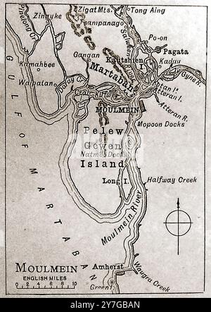 A 19th century map of the port of Moulmein (also known as   Mawlamyine , Mawlamyaing , Maulmain , Moulmain, Maulmein and or မော်လမြိုင်မြို့ ) and surrounds. It is situated in Myanmar  (formerly Burma)  -   Moulmein ဆိပ်ကမ်း၏ ၁၉ ရာစုမြေပုံ (Mawlamyine, Mawlamyaing, Maulmain, Moulmain, Maulmein နှင့် or or ⁇ ဟုလည်းလူသိများ) နှင့်ဝိုင်းရံထားသည်။ ၎င်းသည်မြန်မာနိုင်ငံ (ယခင်မြန်မာ) တွင်တည်ရှိသည်။ Stock Photo