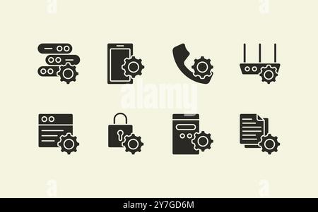 Solid flat setting gear illustration icon set with various digital and analogue device and document Stock Vector