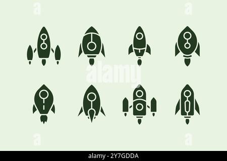 Rocket and spaceship flat field illustration icon set design with various style Stock Vector