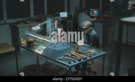 Advanced archaeological lab: Archaeologist in VR headset studies ancient human evolution in AI simulator, conducts research using augmented reality. 3D render of virtual display with AI assistant. VFX Stock Photo
