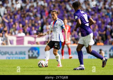 Maxence Caqueret Of Lyon during the French championship Ligue 1 football match between Toulouse FC and Olympique Lyonnais (Lyon) on 29 September 2024 at Stadium in Toulouse, France Stock Photo