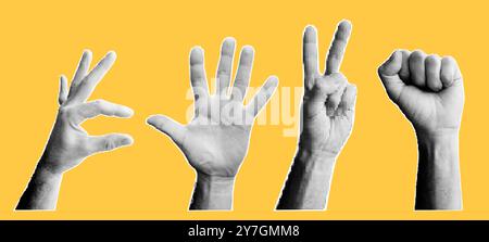 Halftone dotted hand gestures for trendy y2k retro collages. Vector textured male arms stickers set Stock Vector