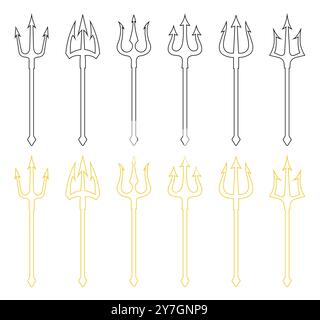 Trident icon set in black and yellow color outline. Set of black and yellow trident outline on a white background. Neptune trident. Stock Vector
