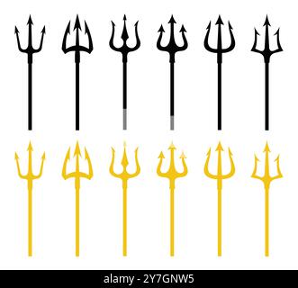 Trident vector icon set in black and yellow color. Set of black and yellow silhouettes of trident on a white background. Neptune trident. Stock Vector