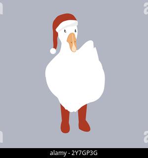 Cute funny cartoon goose in Santa Claus hat and red boots. Merry Christmas character. Vector isolated illustration Stock Vector