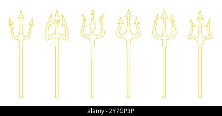 Trident vector icon set in yellow color outline design. Set of yellow tridents on a white background. Neptune trident. Stock Vector