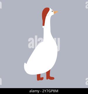 Cute funny cartoon goose in Santa Claus hat and red boots. Merry Christmas character. Vector isolated illustration Stock Vector