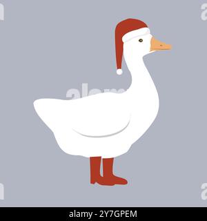 Cute funny cartoon goose in Santa Claus hat and red boots. Merry Christmas character. Vector isolated illustration Stock Vector