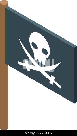 Black pirate flag with skull and crossed swords waving in the wind isometric view Stock Vector