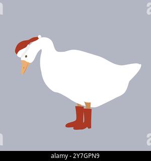 Cute funny cartoon goose in Santa Claus hat and red boots. Merry Christmas character. Vector isolated illustration Stock Vector