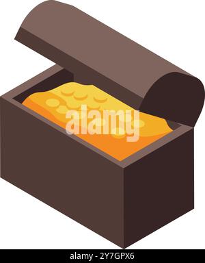 Open wooden chest overflowing with gold coins in an isometric illustration style Stock Vector