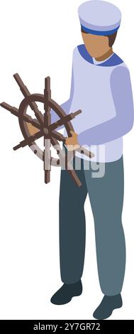 Sailor in uniform is holding a ship steering wheel Stock Vector
