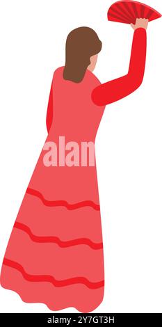 Woman in red dress holding fan dancing traditional spanish dance Stock Vector