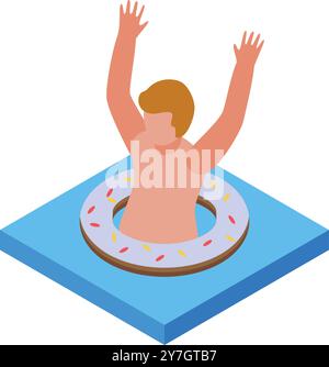 Young man is raising his arms and having fun inside a donut shape inflatable ring in a swimming pool Stock Vector