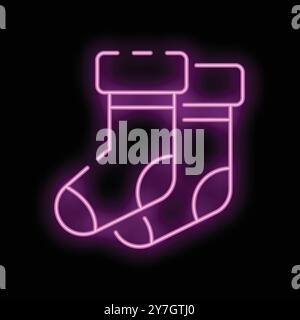 Purple neon sign depicting a pair of socks, perfect for designs related to winter, warmth, and comfort Stock Vector