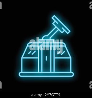 Glowing neon line icon of a cable car cabin for transporting people in the mountains on a dark background Stock Vector