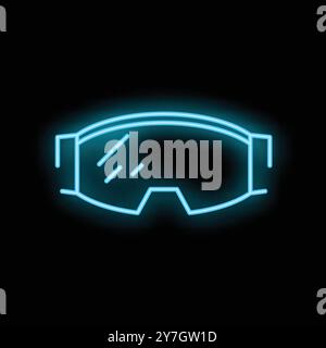 Blue neon sign depicting a pair of ski goggles, radiating a vibrant glow against a dark backdrop Stock Vector