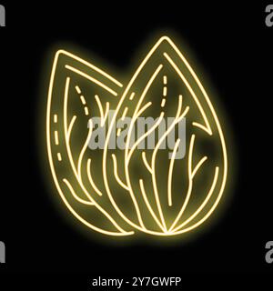 Bright yellow neon sign depicting two almond nuts glowing on black background Stock Vector