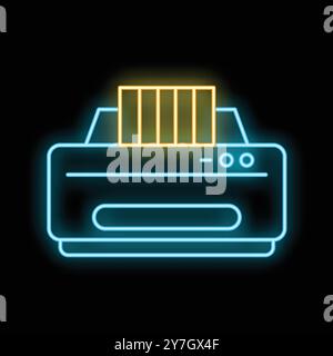 Glowing neon line printer icon isolated on a black background, perfect for illustrating printing concepts Stock Vector