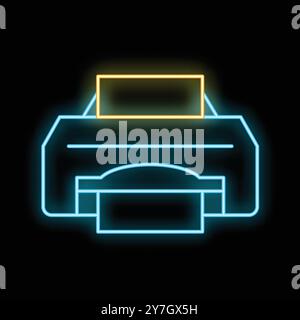 Glowing neon line printer icon isolated on black background for your design, concept of printing and technology Stock Vector