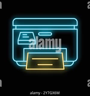 Glowing neon line printer icon isolated on black background, printing a document Stock Vector