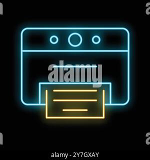 Neon printer icon glowing on a black background, great for technology and office concepts Stock Vector
