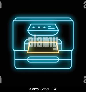 Neon printer icon glowing on a black background, representing the concept of printing Stock Vector