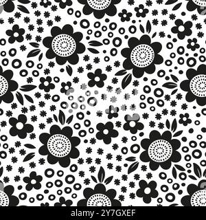 Black and white seamless pattern. Hand drawn illustration. Silhouette of stylized different abstract flowers Stock Vector