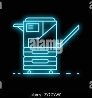 Neon blue glowing outline of an office multifunction printer standing on a dark background Stock Vector