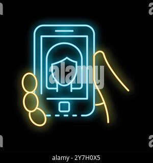Neon sign illustration of a hand holding a smartphone with a female face for facial recognition Stock Vector