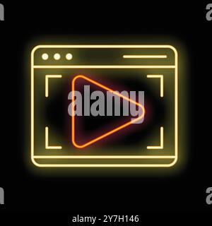 Neon sign is glowing on a black background showing a play button on a webpage for video streaming Stock Vector
