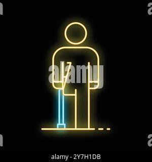 Neon sign illustrating a person standing and using crutches for mobility assistance Stock Vector