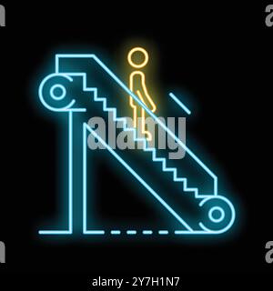 Neon icon of a person standing on an escalator, glowing bright blue and yellow on a black background Stock Vector