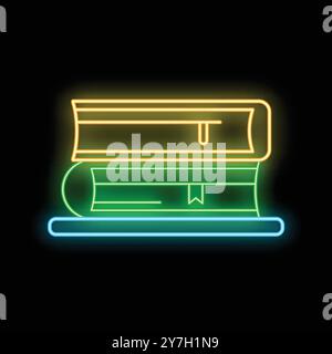 Two books with bookmarks are lying on a shelf, depicted with colorful neon light on a black background Stock Vector