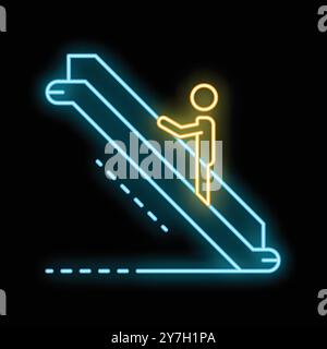 Neon sign of a person standing on an escalator, representing concepts like urban life, transportation, and accessibility Stock Vector