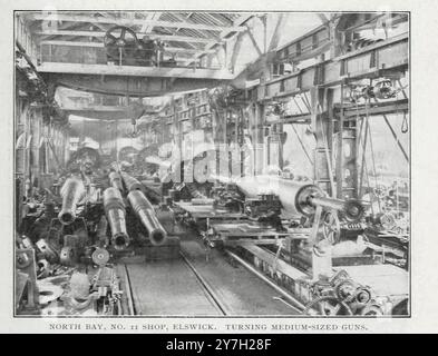 NORTH BAY, NO. 11 SHOP, ELSWICK. TURNING MEDIUM-SIZED GUNS. Shows the ample provision of travelling cranes serving the shop floor. from the Article LORD ARMSTRONG AND THE ELSWICK WORKS. By Benjamin Taylor. from The Engineering Magazine Devoted to Industrial Progress Volume XX 1900 - 1901  The Engineering Magazine Co Stock Photo