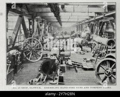 NO. i6 SHOP, ELSWICK. ASSEMBLING RAPID-FIRE GUNS AND TORPEDO TUBES. from the Article LORD ARMSTRONG AND THE ELSWICK WORKS. By Benjamin Taylor. from The Engineering Magazine Devoted to Industrial Progress Volume XX 1900 - 1901  The Engineering Magazine Co Stock Photo