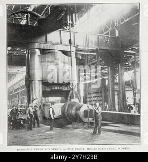 10,000 TON PRESS forging a 90 ton ingot Homestead Steel Works from the Article THE HUGE ENTERPRISES BUILT UP. BY ANDREW CARNEGIE. By Charles M. Schwab. from The Engineering Magazine Devoted to Industrial Progress Volume XX 1900 - 1901  The Engineering Magazine Co Stock Photo