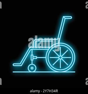 Blue neon sign of a modern empty wheelchair glowing on a brick wall Stock Vector